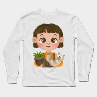 Little Girl and Cat Long Sleeve T-Shirt